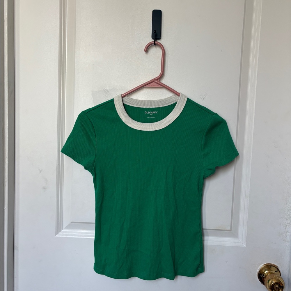 Old Navy Green Tee with White Crew Ringer